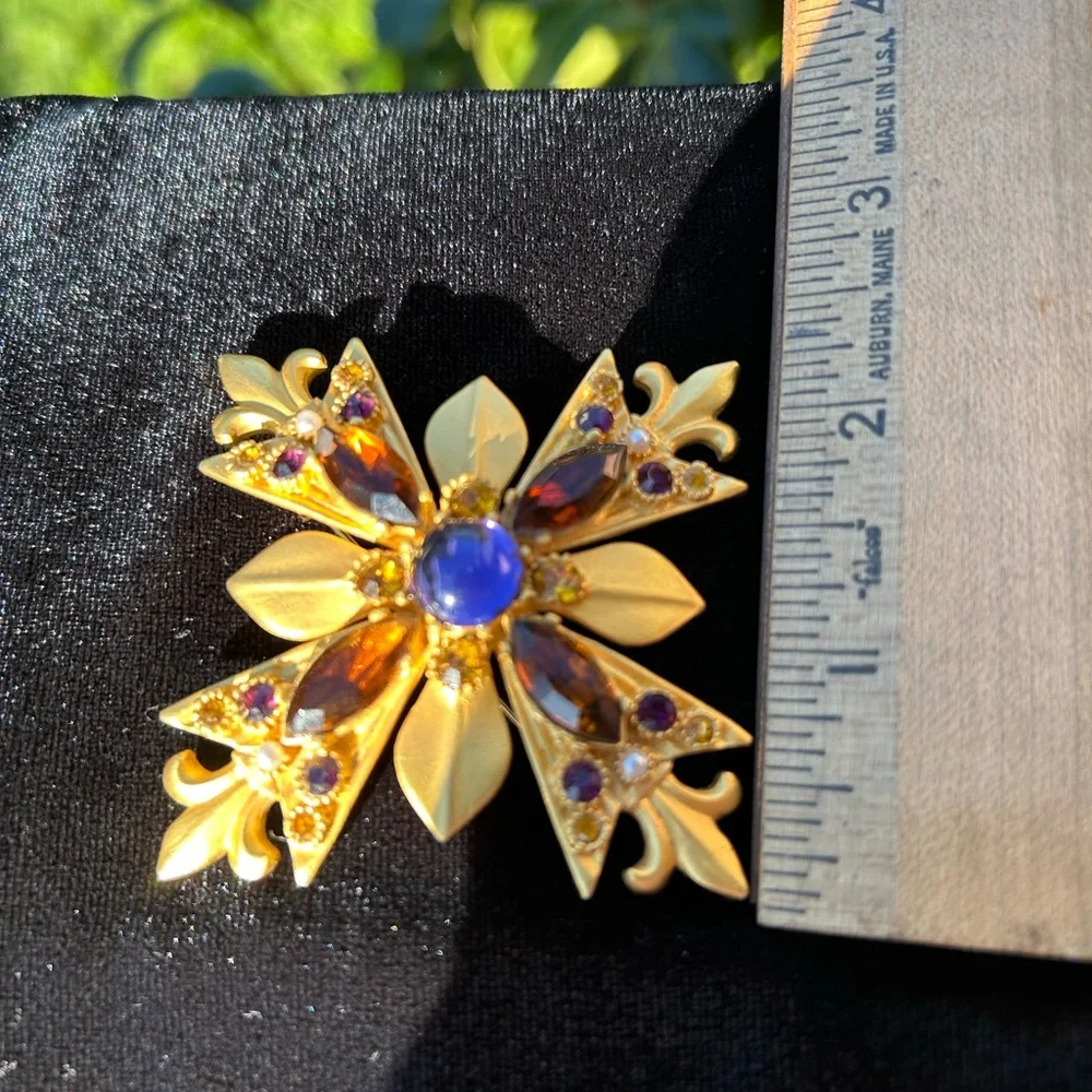 Maltese Cross with Fleur de Lis Brooch Rhinestone Purple Brown Gold Signed